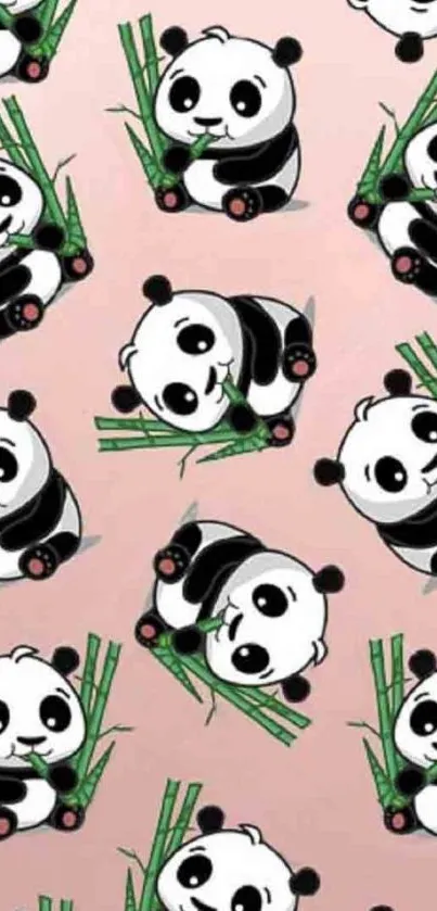 Cute cartoon pandas with bamboo on a pink background.