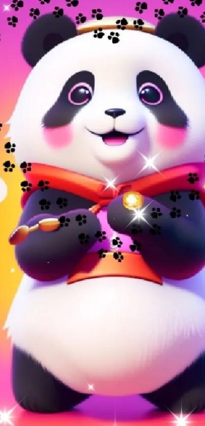 Cute cartoon panda on vibrant pink background with playful details.