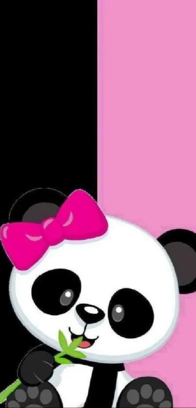 Cartoon panda with pink bow on black and pink background.