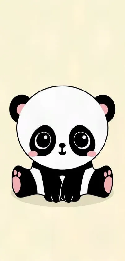 Cute cartoon panda sitting on cream background phone wallpaper.