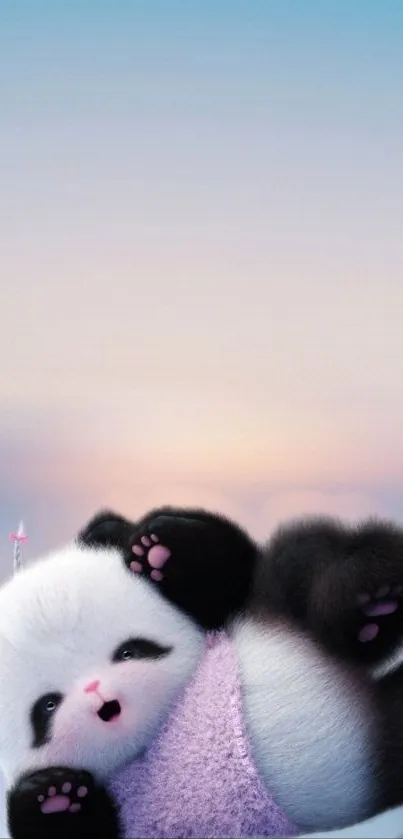 Cute cartoon panda with sky background.