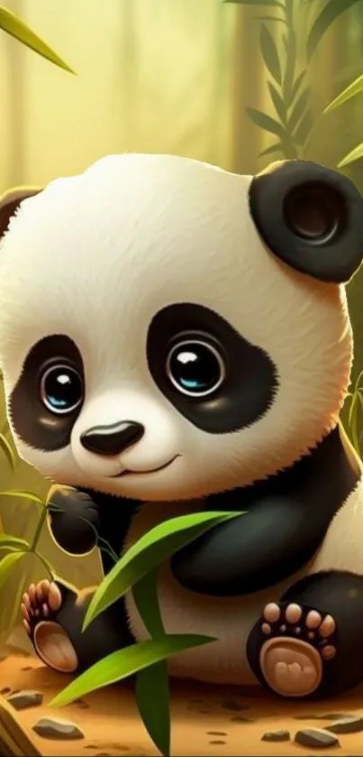 Cute cartoon panda sitting with bamboo.