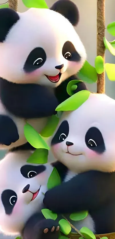 Cute cartoon pandas climbing in a bamboo forest.