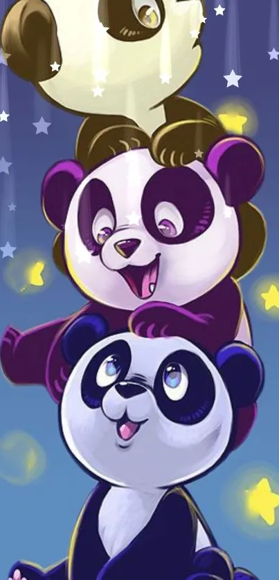 Cute cartoon pandas stacked under a starry night sky wallpaper.