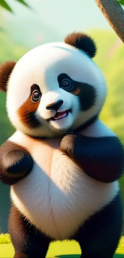 Adorable cartoon panda in lush green setting on mobile wallpaper.