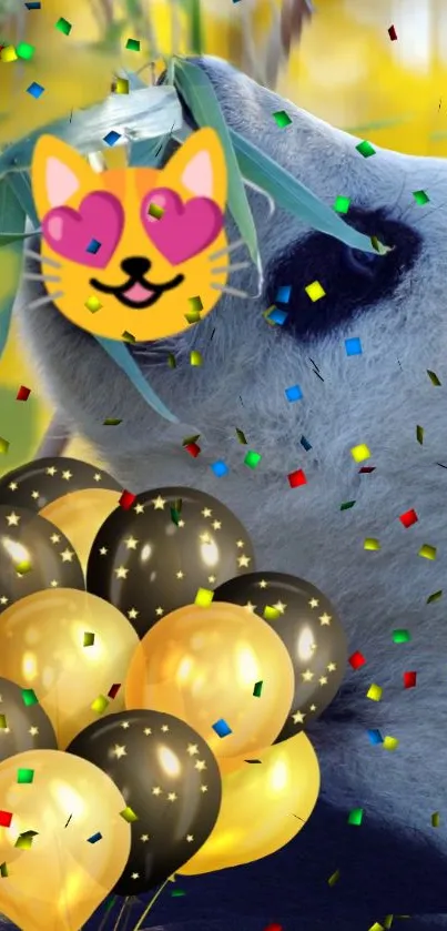 Cute panda with balloons and confetti in vibrant wallpaper.