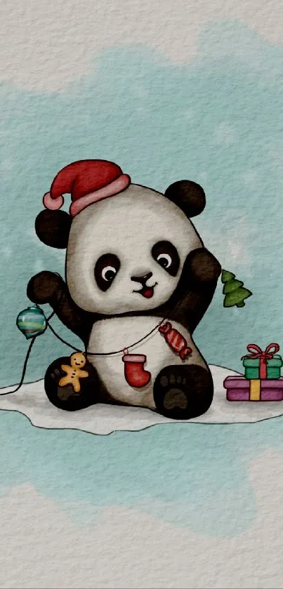 Cute panda in Santa hat with gifts on light blue background.