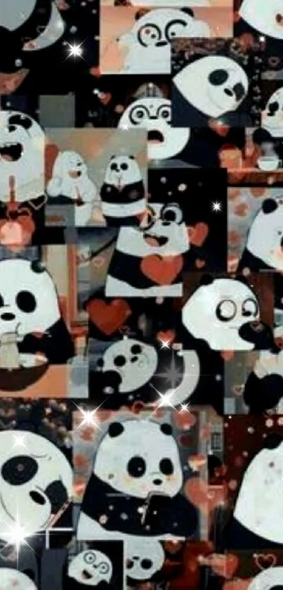 Cute panda collage wallpaper with hearts and playful expressions.