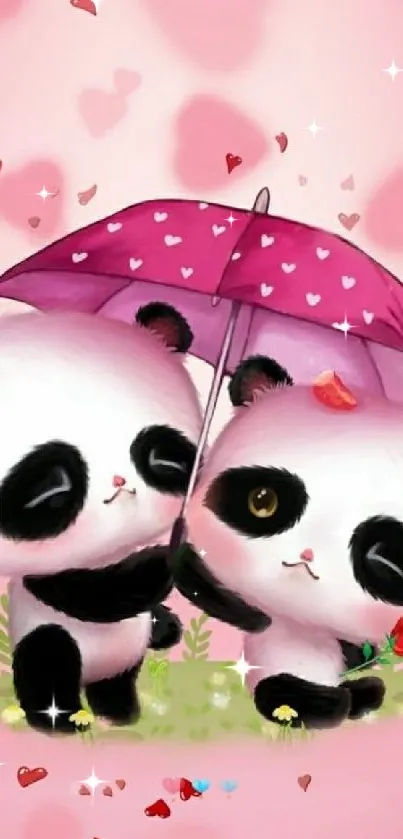 Cute panda couple under pink umbrella with hearts.