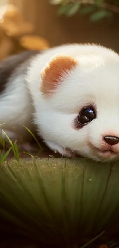 Cute panda cub resting on green grass, perfect for mobile wallpaper.