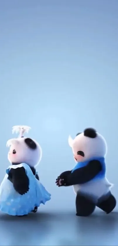 Two adorable animated pandas dressed in blue.