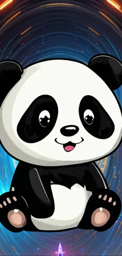 Adorable cartoon panda on a colorful sci-fi background.