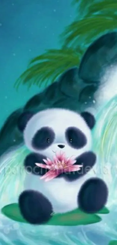 Cute digital panda holding a pink flower by a waterfall.