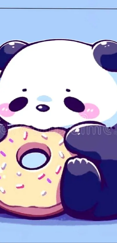 Adorable panda holding a sprinkled donut on a light blue background.