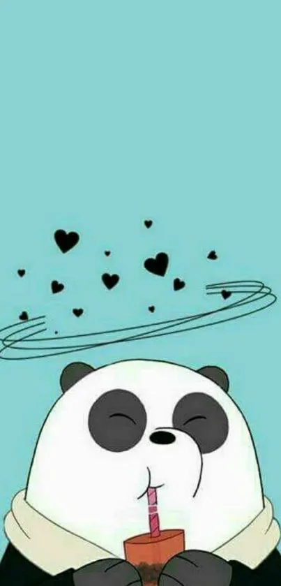 Cute cartoon panda sipping drink with hearts.