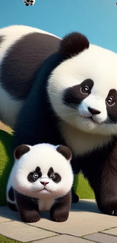 Cute panda duo in a sunny green setting, perfect for mobile wallpaper.