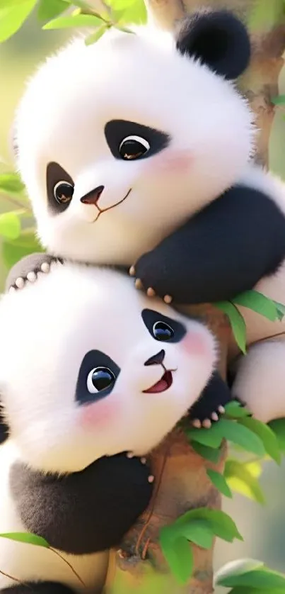 Two cartoon pandas climbing a tree with green leaves.