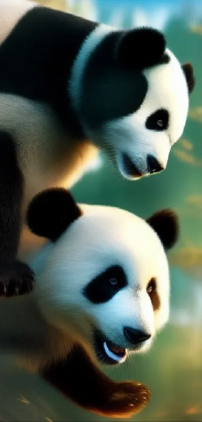 Two adorable pandas playing in a lush forest scene.