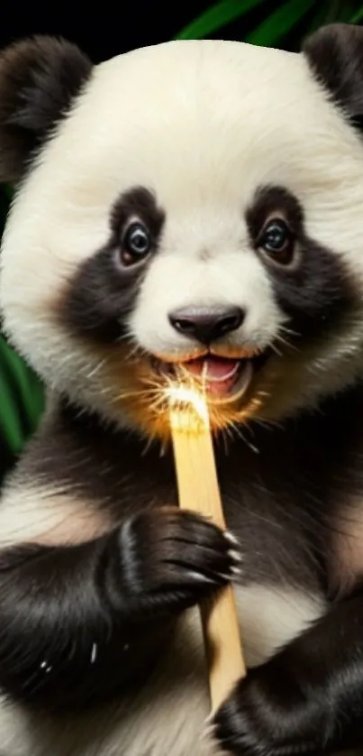 Adorable panda munching on bamboo, perfect for nature lovers.