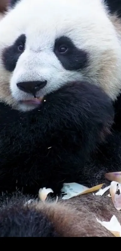 Adorable panda bear eating bamboo with a curious expression.