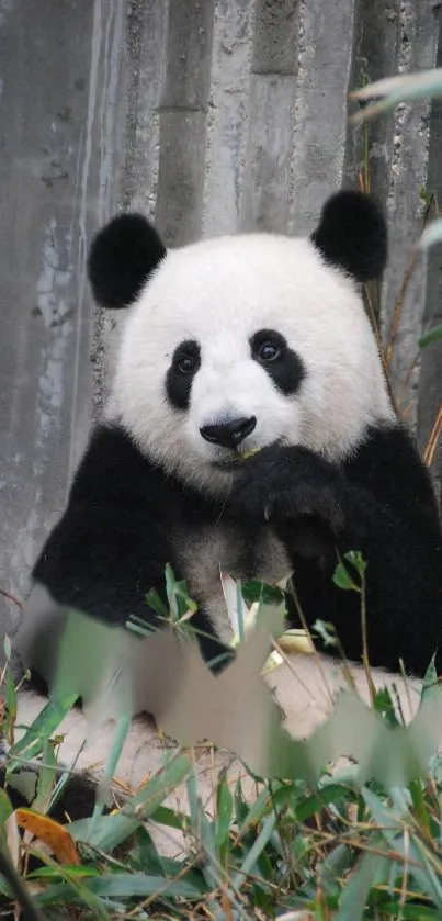 Adorable panda eating bamboo against gray background.