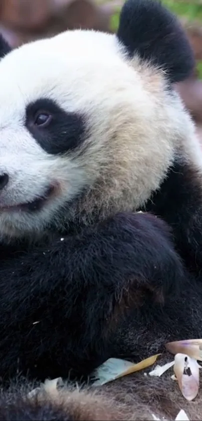 Adorable panda eating bamboo in nature.