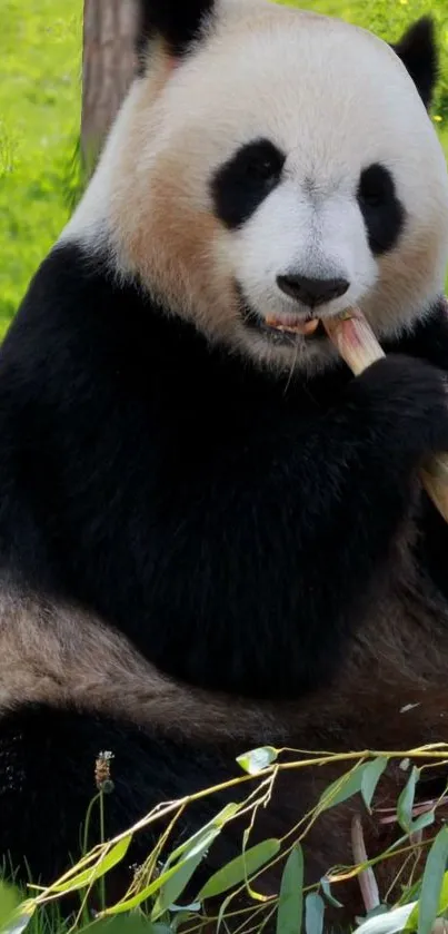 Panda enjoying bamboo in lush greenery.