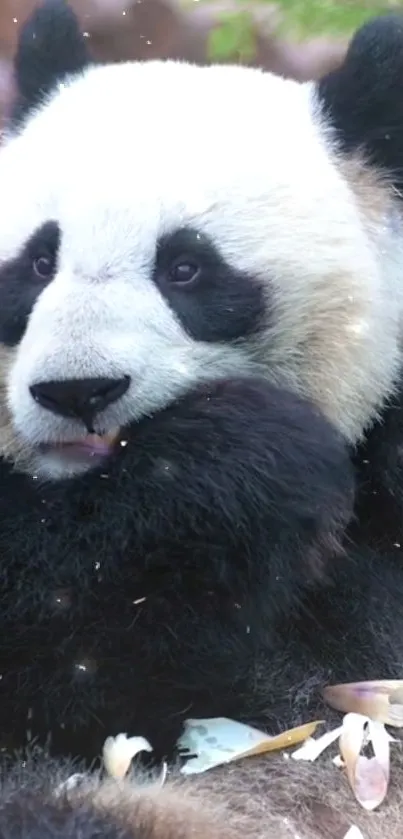 Adorable panda eating bamboo with sparkles in nature.