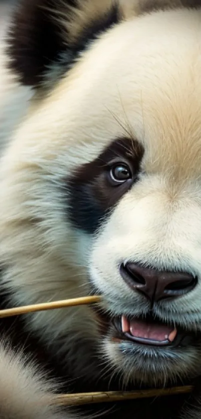 Adorable panda bear eating bamboo with soft, natural background.