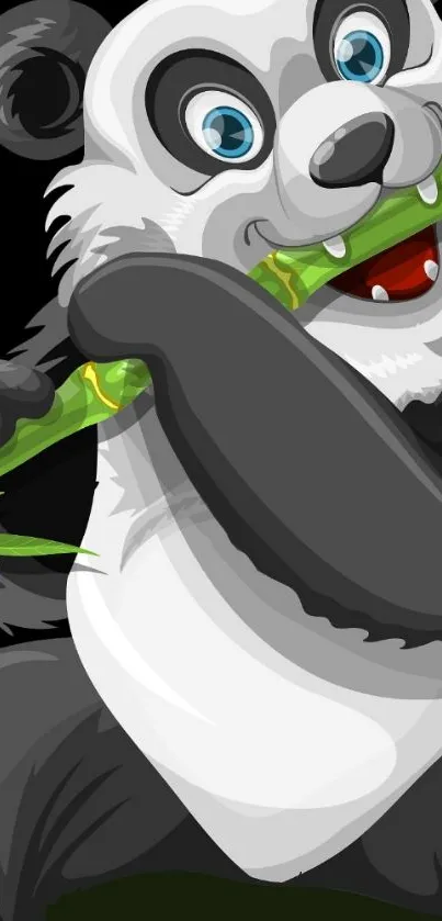 Cartoon panda eating bamboo on mobile wallpaper.