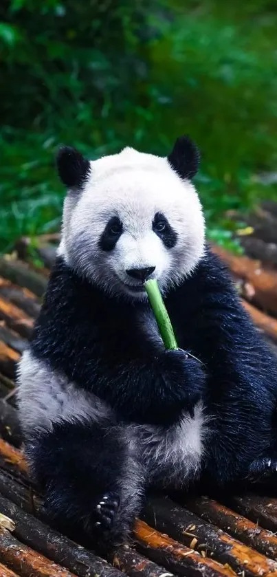 Cute panda eating bamboo with green background.