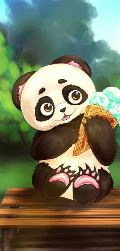 Cute panda enjoying ice cream on a park bench with green background.