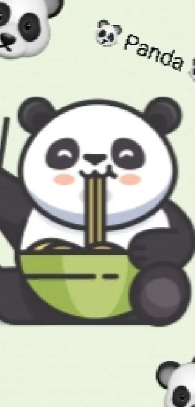 Adorable cartoon panda eating noodles with cute decorations on a light green background.