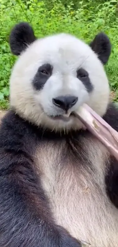 Adorable panda enjoying a popsicle in lush green surroundings.