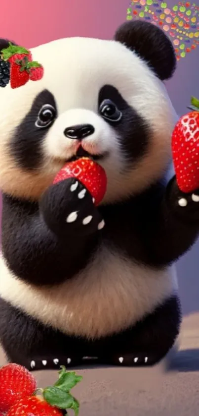 Cute panda with strawberries on a colorful background.