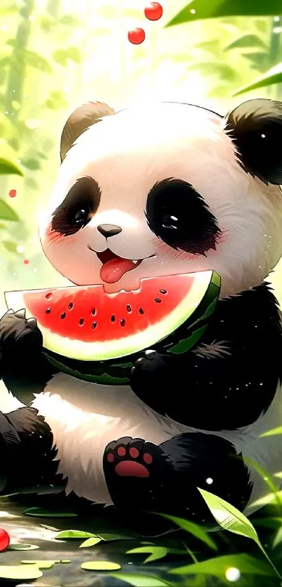 Cute cartoon panda holding a watermelon slice in bamboo forest.