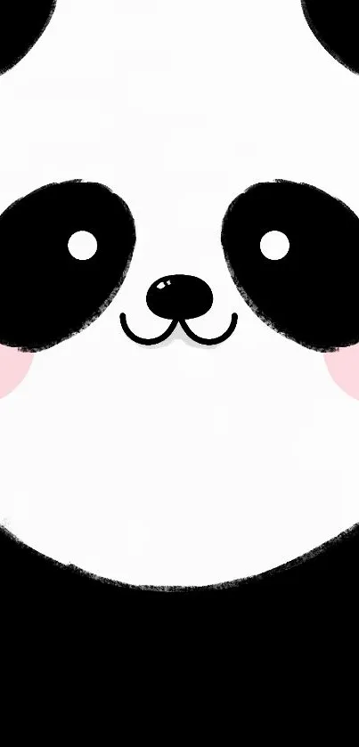 Minimalist cute panda face wallpaper in black and white with pink cheeks.