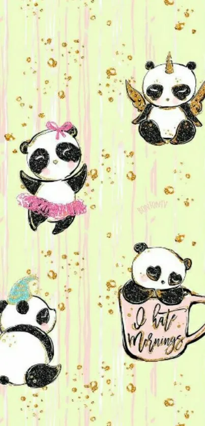 Cute panda wallpaper with unicorn and fairy elements in pastel colors.