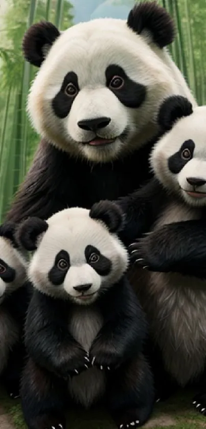 Adorable panda family in a bamboo forest on a mobile wallpaper.