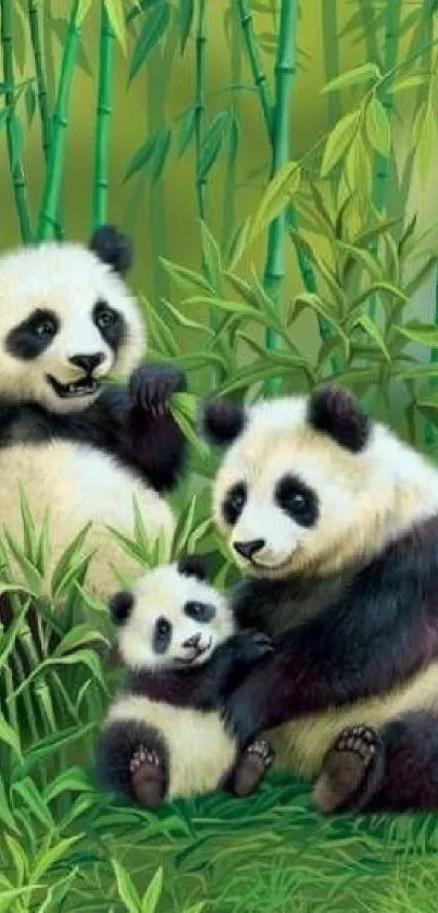 Panda family in lush bamboo setting.