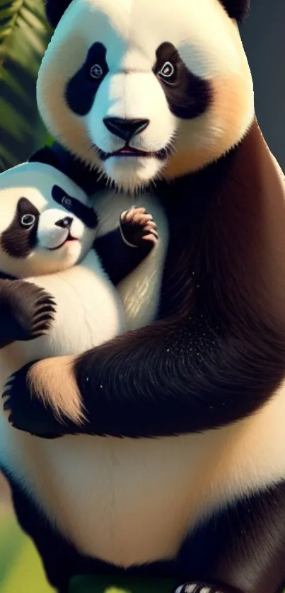 Adorable panda family on a mobile wallpaper.