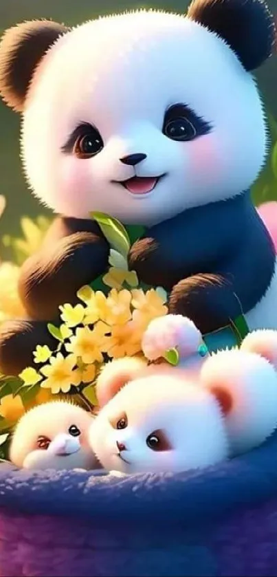 Adorable panda family surrounded by colorful flowers and greenery.