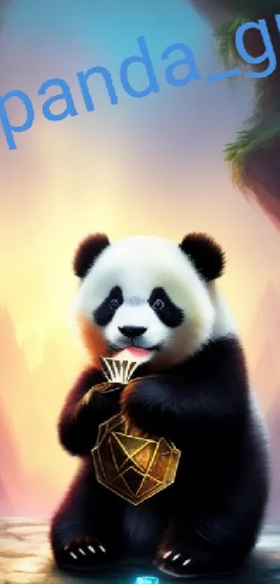 A cute panda holding a geometric shape in a mystical, colorful fantasy landscape.