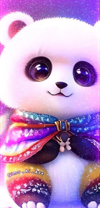 Cute panda with colorful cape in a fantasy setting with flowers.