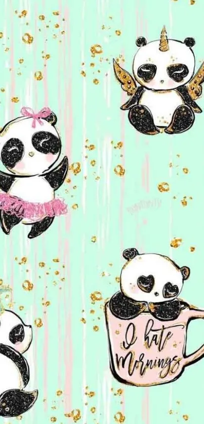 Cute panda fantasy wallpaper with mint green background and gold accents.