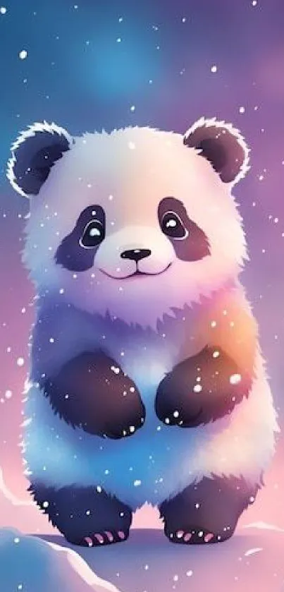 Cartoon panda in a snowy, colorful fantasy setting.