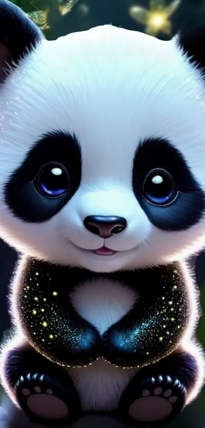 Cute, glowing panda in a fantasy setting with vibrant colors.