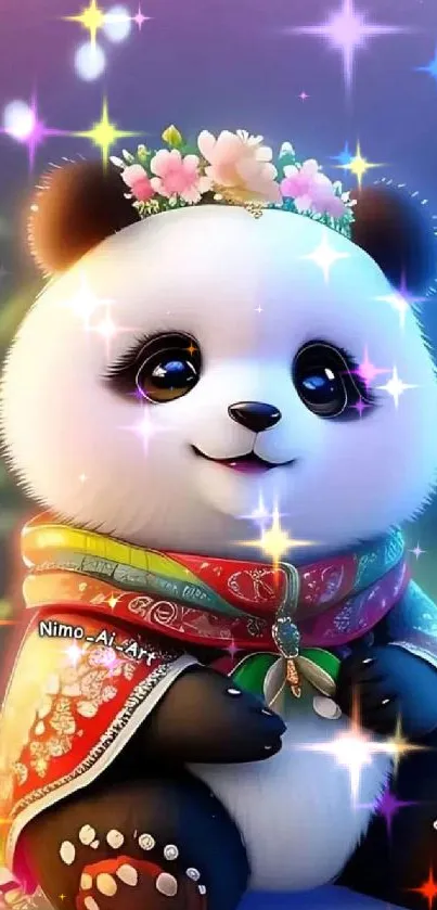 Cute panda with floral decor in vibrant colors.