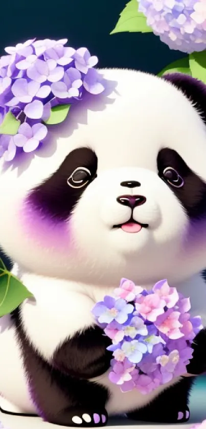 Adorable panda with hydrangeas on a vibrant floral background.