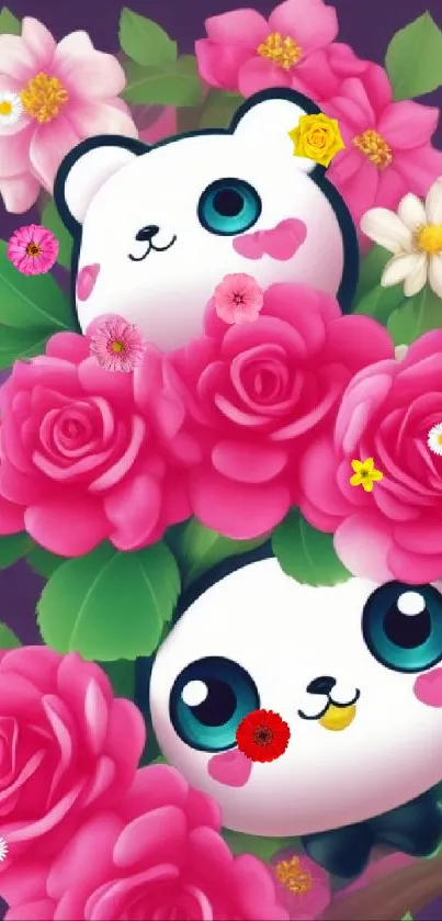 Cute panda and pink floral wallpaper with green leaves.